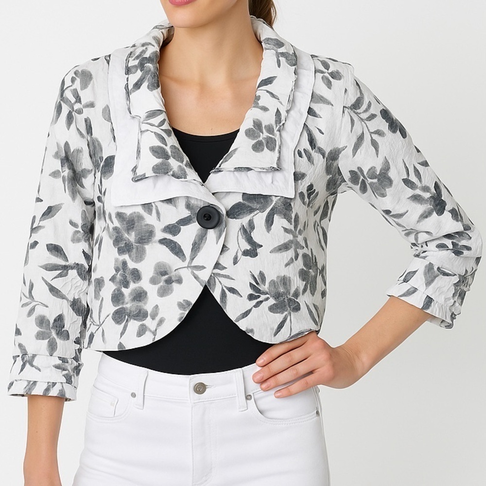 Cotton Jacket Statement Blazer Ruffle Collar Feature Button Floral BlackWhite 38